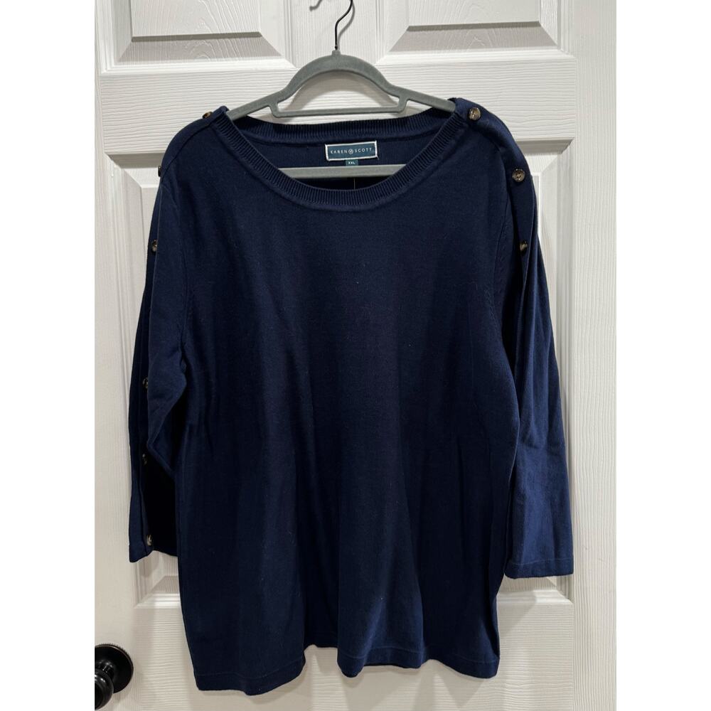 Karen Scott Blue Cotton Sweater with Buttons on 3/4 length Sleeves NWT XXL